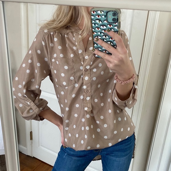 Modcloth Tops - Modcloth Polka Dot Boho Button Down Blouse Beige